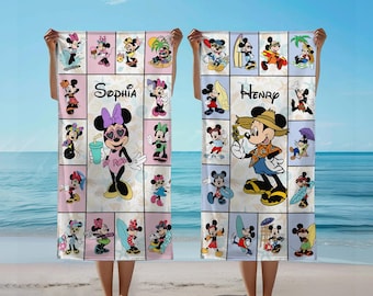 Toalla de playa personalizada de Disney Mickey Minnie, toalla infantil de Disney, toalla con nombre personalizado, toalla de crucero de Disney, toalla de pareja de Disney
