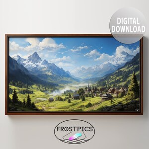 Rural Village Tranquil Scenery Mountain Valley Alpine Landscape Painting - Printable Wall Art - Digital Download - TV Frame Art - 0359