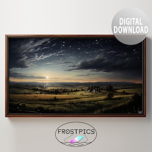 May include: A digital painting depicting a landscape with a starry night sky, a distant sunset, and a field of green grass. The painting is framed in a brown wooden frame.