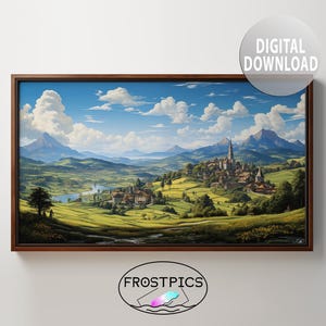 Rural Village Lake Happy Peaceful Scenery Rolling Hills - Landscape Painting - Printable Wall Art - Digital Download - TV Frame Art - 0349