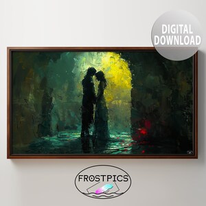 May include: A digital painting depicting a couple embracing in a dark, atmospheric setting. The couple are silhouetted against a bright yellow light source, creating a dramatic contrast. The painting has a moody and romantic feel.