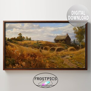 May include: A painting depicting a rustic farmhouse with a thatched roof, surrounded by a field of golden hay bales. The farmhouse is set against a backdrop of a blue sky with fluffy white clouds.
