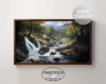 Forest Painting - Printable Wall Art - Digital Download - TV Frame Art - Landscape Art - River Cascades Forest Creek Stream Falls - 0130