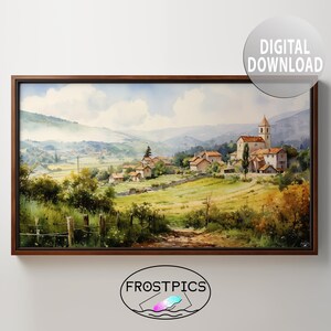 Rural Village Landscape Peaceful Rolling Hills Watercolor - Landscape Painting - Printable Wall Art - Digital Download - TV Frame Art - 0351