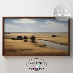 May include: A framed landscape painting depicting a rural scene with a single-storey house, trees, and a winding river in a field of golden grass under a cloudy sky.