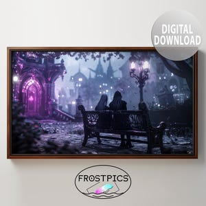 Escena de género romántico oscuro con elfo de la noche y amantes de los drow en un banco de parque - Arte de pared imprimible - Descarga digital - Arte para marco de TV - 0504