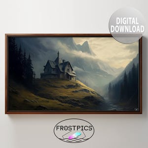 Puede incluir: Una pintura digital de una pequeña casa gris con un techo oscuro ubicada en un valle de montaña. La casa está rodeada de árboles y niebla, y las montañas en el fondo están cubiertas de nieve. El cielo es de un suave azul pálido.