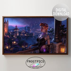 Può includere: Un'illustrazione fantasy di una donna con orecchie a punta e lunghi capelli rossi fluenti in piedi su un balcone che si affaccia su una città di notte. Indossa un vestito rosso scuro con un fiore viola sul petto. La città è illuminata da luci scintillanti e ci sono stelle nel cielo.