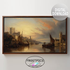 Coastal Painting - Printable Wall Art - Digital Download - TV Frame Art - Landscape Art - Sailing Boats River Port City Docks Scene - 0145