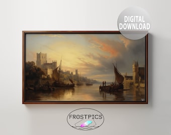 May include: A painting depicting a cityscape with a river and boats. The scene is bathed in warm, golden light, with a hazy sky and a few clouds. The buildings in the background are tall and imposing, with a church steeple visible. The boats are sailing on the water, with people on board. The painting is framed in a dark wood frame.