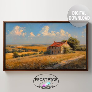 May include: A painting depicting a rural landscape with a small, red-roofed house in the distance. The house is surrounded by fields of golden wheat and a few trees. The sky is blue with white clouds.