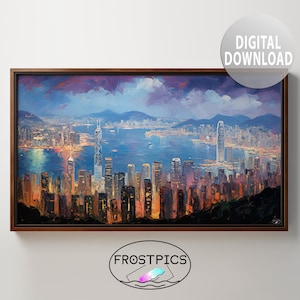 Puede incluir: Una pintura de un paisaje urbano al atardecer, con edificios altos y una masa de agua en primer plano. El cielo es una mezcla de morado, rosa y azul, con nubes. Los edificios están iluminados, creando un brillo cálido.