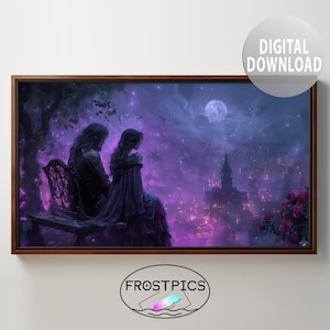May include: A digital painting depicting two figures, a man and a woman, standing in a forest clearing. The woman is wearing a long, flowing dress and the man is wearing a dark suit. The background is a purple and blue sky with stars and a full moon. The scene is romantic and magical.