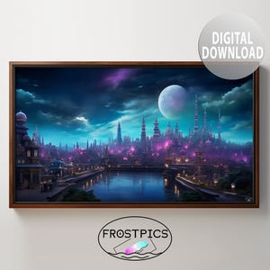 Può includere: Un dipinto digitale di una città fantastica di notte con una grande luna nel cielo. La città è illuminata da luci viola e ha molte torri e guglie. L'acqua del fiume è blu scuro e riflette le luci della città.