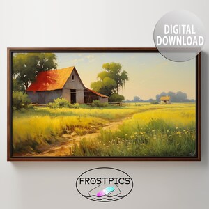 May include: A painting depicting a red barn with a white roof and a yellow field in the foreground. The barn is surrounded by trees and a dirt road leads to the barn.