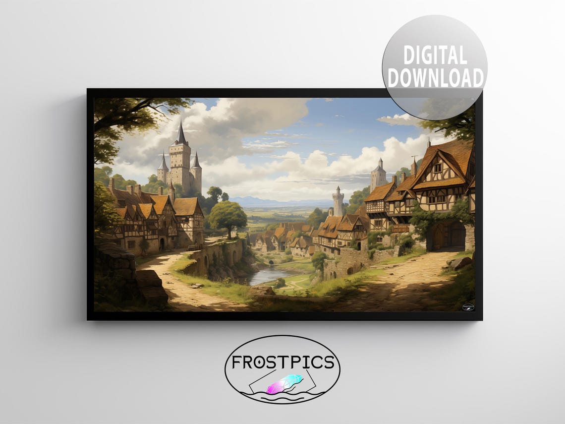 Rural Village Medieval Scenic Stream Creek Genre Scene - Landscape ...