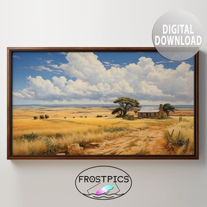 May include: A painting depicting a rural landscape with a small house in the distance. The sky is blue with white clouds and the ground is covered in yellow grass. A dirt road leads to the house.