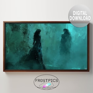 May include: A digital painting of two figures in a misty, green landscape. The figures are silhouetted against the background, and their features are not visible. The painting has a dreamlike quality.