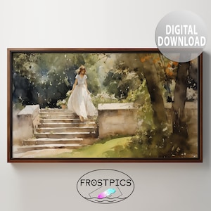 May include: A watercolor painting of a woman in a white dress walking down a stone staircase in a garden setting. The painting features lush greenery, a stone wall, and a tree with leaves in shades of green and brown.