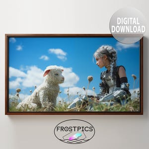 Può includere: Una giovane donna con i capelli bianchi e un abbigliamento futuristico è seduta in un campo d'erba, guardando un agnello bianco. L'agnello è in piedi nell'erba, guardando la donna.