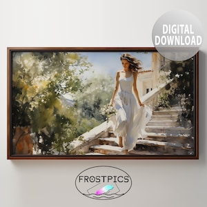 May include: A watercolor painting of a woman in a white dress walking down a stone staircase. The woman has long brown hair and is holding a bouquet of flowers. The background is a lush green forest.