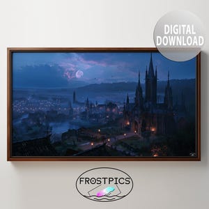 Può includere: Un dipinto digitale di una città oscura e gotica di notte. La città è illuminata da una luna piena e lampioni. Gli edifici sono alti e stretti, con tetti appuntiti e gargoyle. La città è circondata da una foresta oscura.