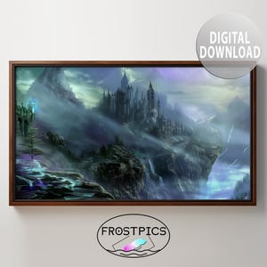 May include: A digital painting depicting a dark, mysterious castle nestled in a misty mountain landscape. The castle is surrounded by swirling fog and a cascading waterfall. The scene is rendered in a fantasy style, with a sense of wonder and mystery.