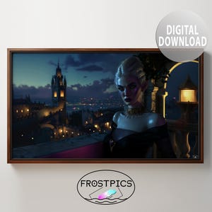 Può includere: Una donna con capelli scuri e occhi azzurri si trova di fronte a uno skyline notturno di una città. Indossa un abito nero e una collana. La città è illuminata da luci e c'è un edificio alto sullo sfondo.