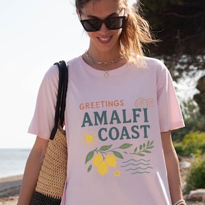Chemise carte postale côte amalfitaine, t-shirt d'été italien aux agrumes, t-shirt limoncello, t-shirt La Dolce Vita, été tomate fille, t-shirt marché italien