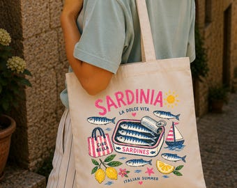 Sardine Tote Bag, Italian Summer Tote, Coastal Market Bag, Amalfi Coast Aesthetic, La Dolce Vita Beach Tote, Mediterranean Tote Bag