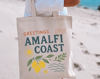Amalfi Coast Postcard Tote Bag, Limoncello Tote Bag, Italian Theme Shopping Bag, Lemons Reusable Grocery Bag, Canvas Eco Friendly Bag
