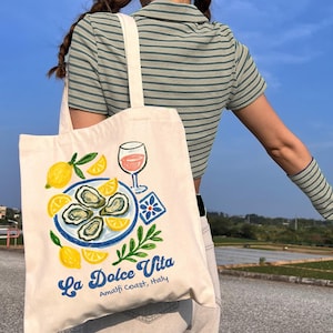 Bolsa Tote La Dolce Vita Costa Amalfitana, Bolsa Tote Limoncello, Sacola de Compras com Tema Italiano, Sacola de Compras Reutilizável com Limões, Bolsa de Lona Ecológica