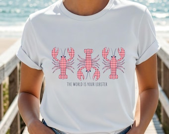 Lobster Shirt, Fisherman Aesthetic, Gingham Lobster Tshirt, Vintage Check Coastal Shirt, Amalfi Coast Shirt, Coastal Aesthetic, Plus Size