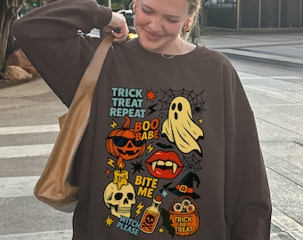 Halloween-collage-tröja, bus-or-treat-tröja, retro-tröja med spöken, pumpa och vampyrer, läskiga Halloween-kläder för kvinnor i plusstorlek