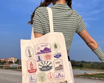 Passport Stamps Tote Bag, Travel Bag, Tomato Girl Summer Shopping Bag,  Travel Lovers Reusable Grocery Bag, Granola Girl Canvas Book Bag