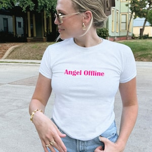 Angel Offline Baby Tee, Retro Slogan Y2K Baby Tee, Graphic Shirt, Retro Cropped T-Shirt, Y2K Girly Old School Trendy Streetwear