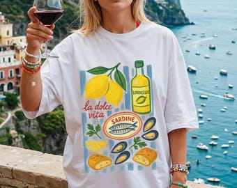 La Dolce Vita Shirt, italienisches Sommer-Grafik-T-Shirt, Foodie-Meeresfrüchte-Liebhaber-T-Shirt, Limoncello-Sardinen-Fischer-Ästhetik, italienisches Picknick in Übergröße