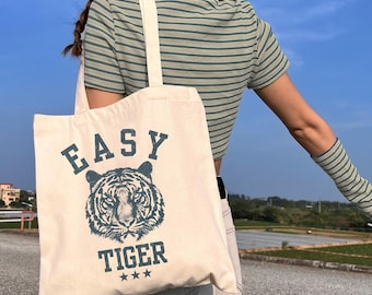 Easy Tiger Tote Bag, Eco-friendly Beach Bag, Retro Tiger Tote, Trendy Vintage Preppy Tiger Aesthetic Tote bag, Cat Cotton Canvas Tote Bag,