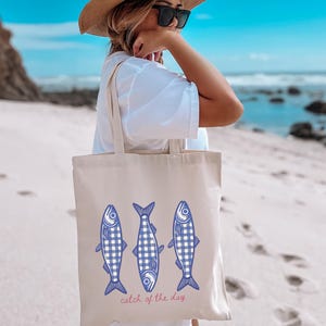 Sardines Retro Tote Bag, Gingham Tote Bag, Italian Theme Shopping Bag, Fisherman Aesthetic Reusable Grocery Bag,Canvas Eco Friendly