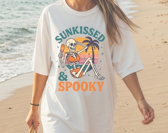 Griezelig zomershirt, grappig zomershirt, trendy Summerween skelet T-shirt, shirt grappige Summer Vibes, retro strandvakantiesfeer, plus maat