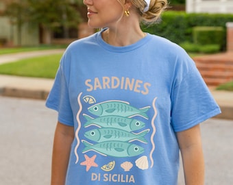Sardines Shirt, Fisherman Trend, Italian Summer Tee, Pastel Fish Aesthetic, Coastal Granddaughter, Oceancore, Womens Clothing Plus Size