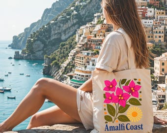 Amalfi Coast Italy Cotton Canvas Tote Bag, Eco-friendly Travel Lover Beach Bag, Amalfi Tote Bag, Italian Summer, Floral Downtown Girl Y2K