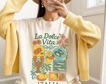 La Dolce Vita Shirt, italienisches Sommer-Grafik-T-Shirt, Foodie-Meeresfrüchte-Liebhaber-T-Shirt, Limoncello-Sardinen-Fischer-Ästhetik, italienisches Picknick in Übergröße