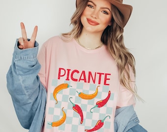 Picante Shirt, Hot and Spicy Peppers Shirt, Spanish Market Shirt, Tomato Girl Summer T-Shirt, Puerto Rico Shirt, Checked Peppers Tee