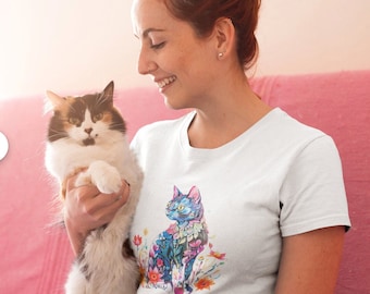 Floral Katzen-Shirt Katzenmama Shirt Tier Liebhaber T-Shirt Katzen-Liebhaber Shirt Geschenk Blumenkatze T-Shirt Katzenliebhaber Shirt