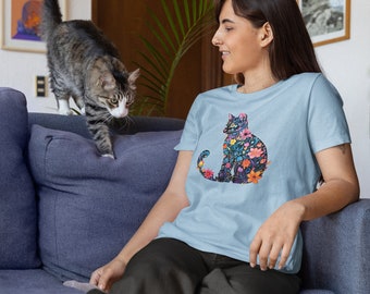 Floral Katzen-Shirt Katzenmama Shirt Tier Liebhaber T-Shirt Katzen-Liebhaber Shirt Geschenk Blumenkatze T-Shirt Katzenliebhaber Shirt
