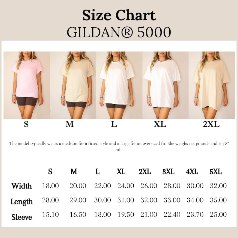 K&ouml;nnte beinhalten: Gr&ouml;&szlig;entabelle f&uuml;r Gildan 5000 T-Shirts, mit Models in verschiedenen Gr&ouml;&szlig;en. Ma&szlig;e in Zoll f&uuml;r Breite, L&auml;nge und &Auml;rmell&auml;nge, von S bis 5XL. Das Model ist 172.7 cm gro&szlig; und wiegt 65.8 kg.
