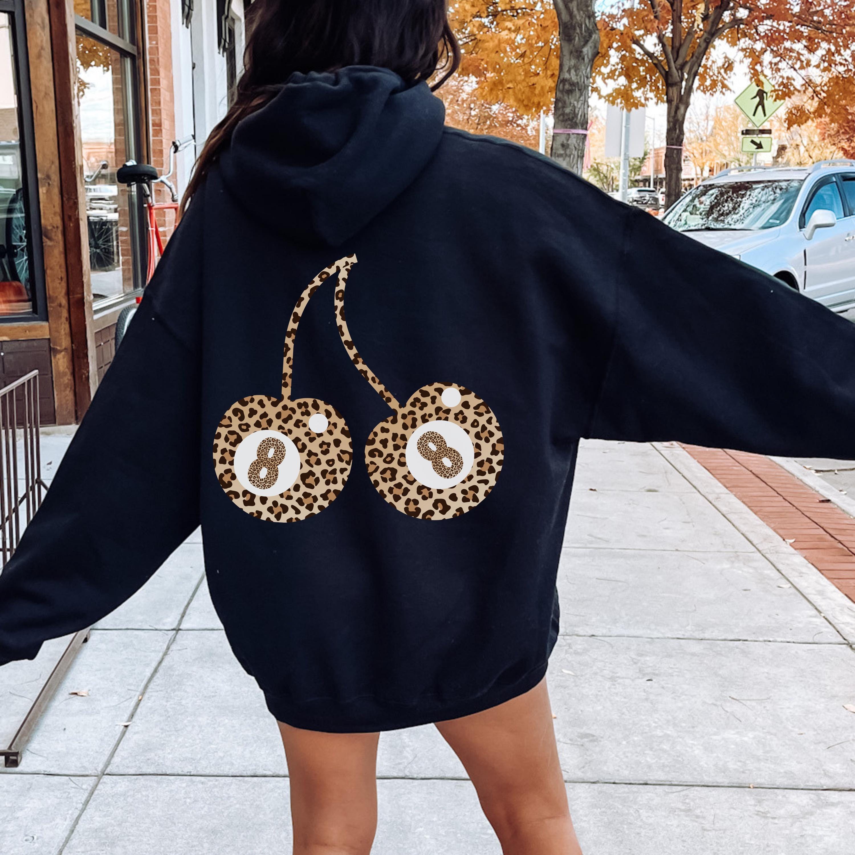 Leopard Print 8 Ball Cherries Hoodie, Y2K Womens Sweatshirt, Retro