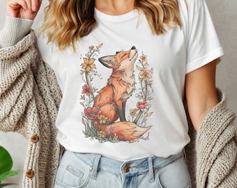 フラワーフォックスTシャツ ヴィンテージフローラルコテージコアシャツ ワイルドフラワーフェアリーコアフォークロアTシャツ コテージコアフォックスフォレストコアシャツ ボヘミアンギフトアイデア