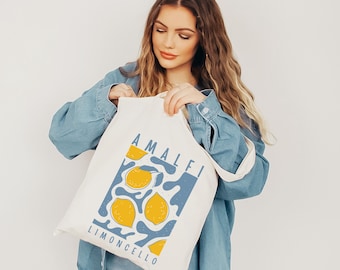 Italian Summer Amalfi Coast Tote Bag, Limoncello Bag, Tomato Girl Summer Shopping Bag,  Italy Lovers Reusable Grocery Bag, Canvas Book Bag